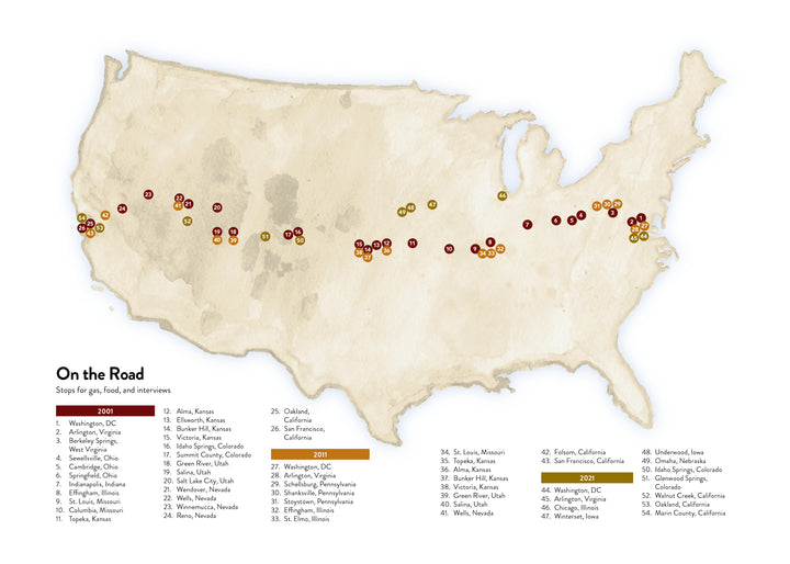 A stylized US map for "We Are All Americans" by Schiffer Publishing, Ltd. shows two cross-country routes from DC to California, with orange and red dots marking stops for gas, food, and interviews about American identity after 9/11; a legend lists stop locations.
