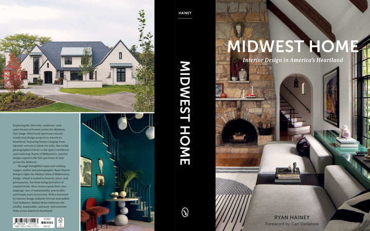 Book cover for Midwest Home by Schiffer Publishing, Ltd. Front features a chic living room with stone fireplace and archway, showcasing Midwestern design. Back displays a modern white house, teal stairway room, and book summary.