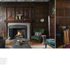 Inspired by Schiffer Publishing, Ltd.'s "Midwest Home," this living room features ornate wood paneling, a carved fireplace, green chair, gray sofa, and ottoman. The hallway displays floral wallpaper and a red rug for classic Midwestern style.