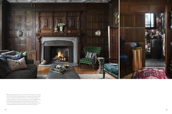 Inspired by Schiffer Publishing, Ltd.'s "Midwest Home," this living room features ornate wood paneling, a carved fireplace, green chair, gray sofa, and ottoman. The hallway displays floral wallpaper and a red rug for classic Midwestern style.
