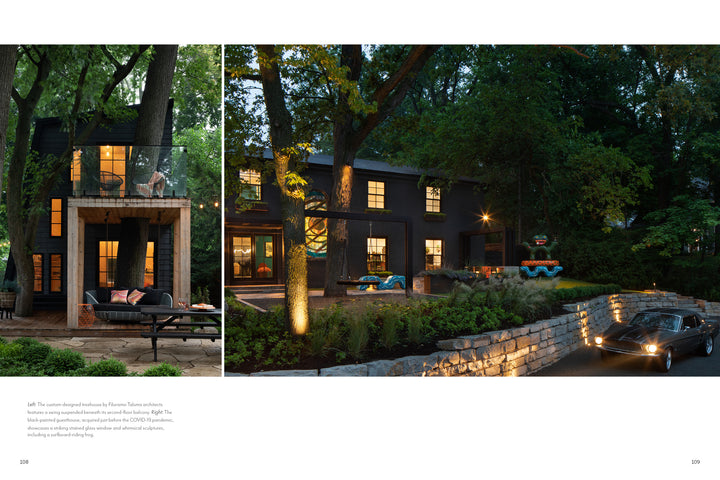 Two photos from Schiffer Publishing, Ltd.’s Midwest Home show a modern black house amid trees at dusk: on the left, a cozy patio with lounge chair and string lights; on the right, the illuminated home, stone terrace, and vintage car.