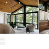 Explore "Midwest Home" by Schiffer Publishing, Ltd.—a modern bedroom with floor-to-ceiling windows, wood-panel ceiling, cozy seating area, and an adjacent bathroom featuring a wood vanity and spacious shower.