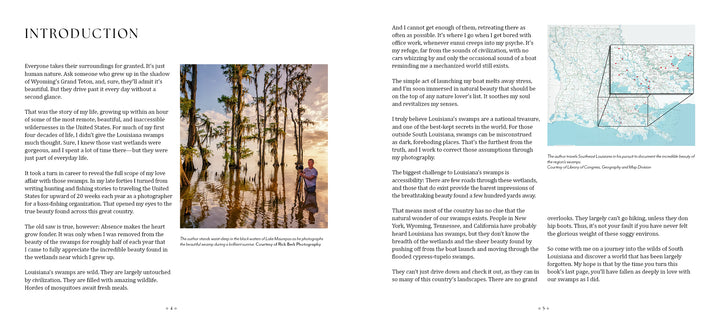 The introduction spread of "Into the Lost World" by Schiffer Publishing, Ltd. showcases a person by a Louisiana bayou cypress tree, with a map of parishes and waterways, exploring local swamps, wildlife, and cultural challenges through vivid photography.