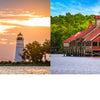 A split image from Schiffer Publishing, Ltd.'s "Into the Lost World": a lighthouse at sunset and a rustic red stilt house by a tree-lined bayou—capturing Louisiana's swamp photography in this photographic journey.
