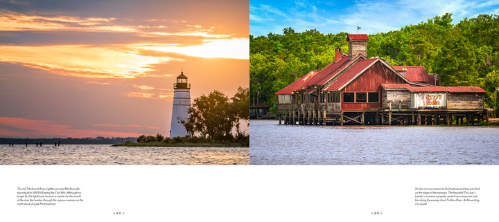 A split image from Schiffer Publishing, Ltd.'s "Into the Lost World": a lighthouse at sunset and a rustic red stilt house by a tree-lined bayou—capturing Louisiana's swamp photography in this photographic journey.