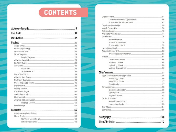 Table of contents spread for "Seashells of Delmarva" by Schiffer Publishing, Ltd., with sections like Acknowledgments, User Guide, Introduction, Gastropods, Other Treasures, blue wavy design—ideal for Delmarva seashell identification.