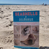 Seashells of Delmarva by Schiffer Publishing, Ltd. stands upright in the sand on a sunny beach, with the ocean in the background. The cover displays seashell photos, making it an ideal Delmarva seashell identification and beachcombing guide.