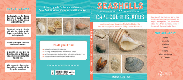 The book "Seashells of Cape Cod and the Islands" by Schiffer Publishing, Ltd. features a cover with Cape Cod seashells on sand and includes facts about Nantucket beachcombing and Martha’s Vineyard shells.