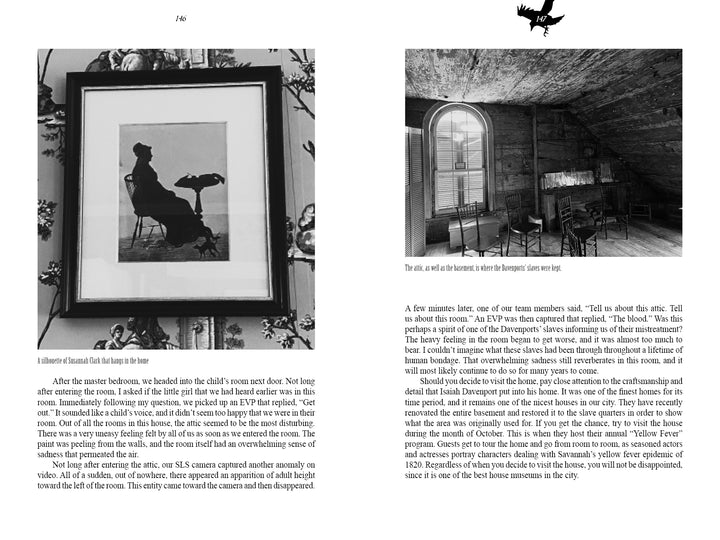 Two black-and-white photos illustrate Savannah's Afterlife III from Schiffer Publishing, Ltd.: Left, a framed portrait of a silhouetted man and dog; right, a rustic attic room with bed, table, and chair beneath a sloped wooden ceiling. Text surrounds both.