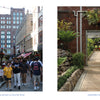 Left: Crowds enjoy a lively Cleveland street with restaurants and outdoor seating. Right: A wooden walkway leads to Rockefeller Park Greenhouse amid lush plants. Explore more in “Cleveland” by Schiffer Publishing, Ltd.