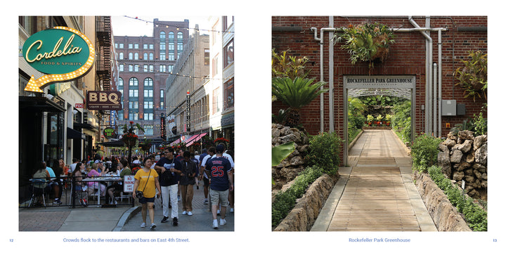 Left: Crowds enjoy a lively Cleveland street with restaurants and outdoor seating. Right: A wooden walkway leads to Rockefeller Park Greenhouse amid lush plants. Explore more in “Cleveland” by Schiffer Publishing, Ltd.