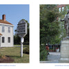 Left: The Dunham Tavern Museum, a white colonial-style building, and right: the bronze statue of General Moses Cleveland—both featured in "Cleveland" by Schiffer Publishing, Ltd.—make striking additions to your photo book or travel guide.