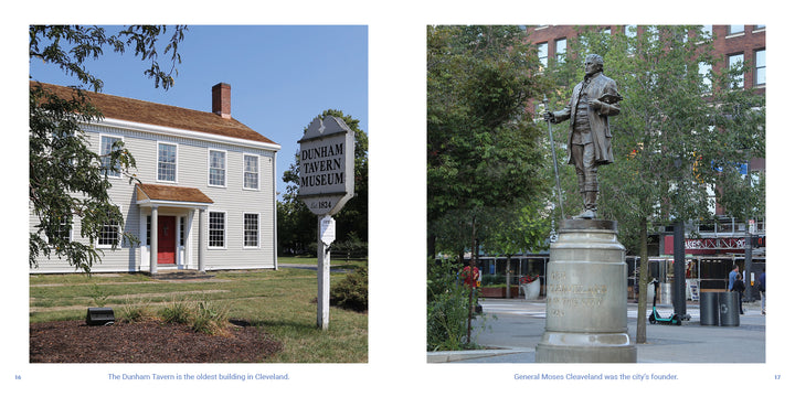 Left: The Dunham Tavern Museum, a white colonial-style building, and right: the bronze statue of General Moses Cleveland—both featured in "Cleveland" by Schiffer Publishing, Ltd.—make striking additions to your photo book or travel guide.