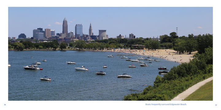 Enjoy a sunny view of Edgewater Beach in Cleveland, with boats, crowds, and the city skyline—captured in "Cleveland" by Schiffer Publishing, Ltd., perfect for photo book lovers or as a standout Cleveland souvenir.