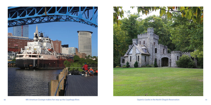 Left: A large ship travels under a steel bridge with Cleveland’s skyline behind it. Right: A small stone castle sits among trees. Featured in "Cleveland" by Schiffer Publishing, Ltd.—perfect for any city photo book.