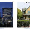Left: Downtown Cleveland's skyline gleams at night. Right: The yellow and green A Christmas Story House stands amid trees—a perfect duo from "Cleveland" by Schiffer Publishing, Ltd. for any photo book or travel guide.