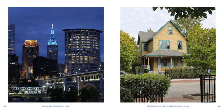 Left: Downtown Cleveland's skyline gleams at night. Right: The yellow and green A Christmas Story House stands amid trees—a perfect duo from "Cleveland" by Schiffer Publishing, Ltd. for any photo book or travel guide.