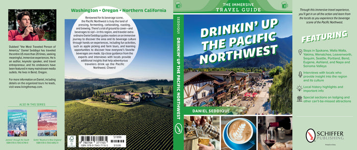 Book cover for Drinkin' Up the Pacific Northwest by Schiffer Publishing, Ltd. The front features Pacific Northwest beverage culture; the back displays author photos, a vineyard view, summary text, and additional book titles.