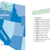 A map from Drinkin' Up the Pacific Northwest by Schiffer Publishing, Ltd. shows key cities in WA, OR, and CA with numbered chapter destinations; a nearby table of contents lists chapters and pages on Pacific Northwest beverage culture in each city.