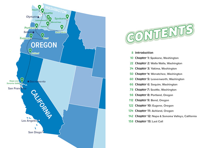 A map from Drinkin' Up the Pacific Northwest by Schiffer Publishing, Ltd. shows key cities in WA, OR, and CA with numbered chapter destinations; a nearby table of contents lists chapters and pages on Pacific Northwest beverage culture in each city.