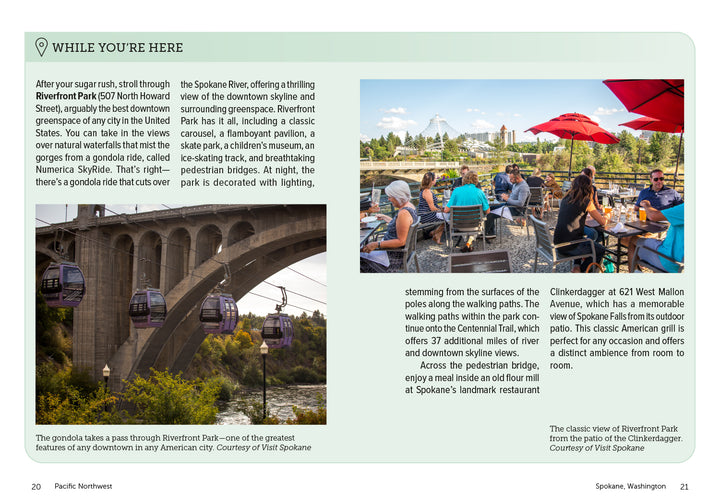 Schiffer Publishing, Ltd.’s Drinkin' Up the Pacific Northwest captures an aerial gondola over a river by a bridge and waterfall, as diners enjoy local beverages on an umbrella-covered outdoor patio at a riverside restaurant.