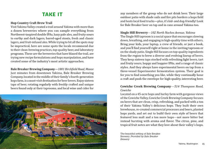 A magazine page from Schiffer Publishing, Ltd.'s Drinkin' Up the Pacific Northwest highlights Yakima Valley microbreweries—Hop Country Craft Brew Trail, Bale Breaker, Single Hill, and Cowiche Creek—and features a scenic riverside landscape photo.