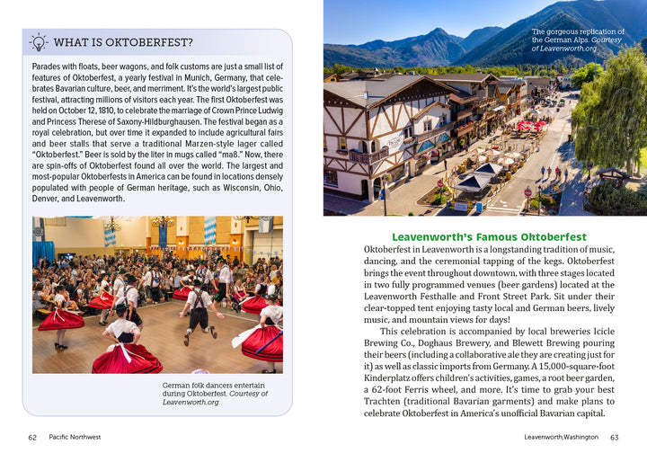 A magazine spread about Oktoberfest, showcasing Drinkin’ Up the Pacific Northwest by Schiffer Publishing, Ltd., with dancers in red skirts and Leavenworth’s Bavarian charm—highlighting the region’s vibrant beverage culture.