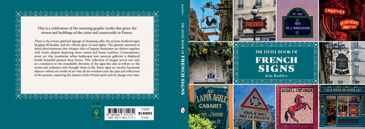 The Little Book of French Signs by Kim Boulder (Schiffer Publishing, Ltd.) has a teal cover with a collage of vibrant French signs, ornate fonts, and a white box highlighting graphic design and street art in France.