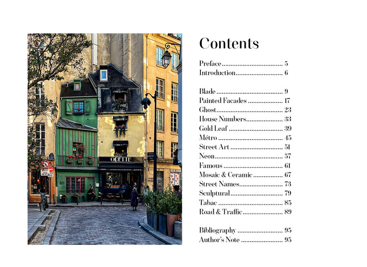 A vibrant Paris street scene with colorful buildings, including a green café featuring French signage for Odette, appears next to a table of contents from The Little Book of French Signs by Schiffer Publishing, Ltd., listing chapters like Painted Facades and Metro.