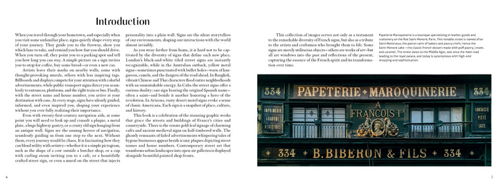 In "The Little Book of French Signs" by Schiffer Publishing, Ltd., one page offers a black-on-white introduction, while the opposite page presents a photo of vintage French "Papeterie - Marquinerie" signage above a storefront.