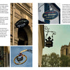 A vibrant collage from The Little Book of French Signs by Schiffer Publishing, Ltd. features ornate shop and restaurant signs—like a butcher, bakery, and hotel—set above historic Parisian streets with grand buildings and a cathedral backdrop.