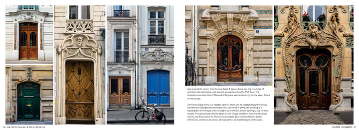 A magazine spread inspired by "The Little Book of French Signs" from Schiffer Publishing, Ltd. features ornate Parisian doors with elegant carvings and wrought iron details, while charming French signage and a bicycle complete the scene.