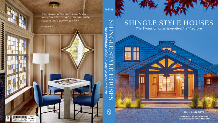 Front cover of *Shingle Style Houses* by Schiffer Publishing, Ltd. shows a blue shingle style home at dusk; back cover features a cozy dining nook with table, chairs, and star-shaped window—capturing the warmth of shingle style architecture.