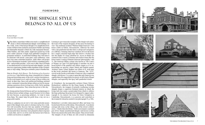 A magazine spread showcases an essay on shingle style architecture from "Shingle Style Houses" by Schiffer Publishing, Ltd. on the left, with a grid of ten black-and-white photos of historic homes and details on the right.