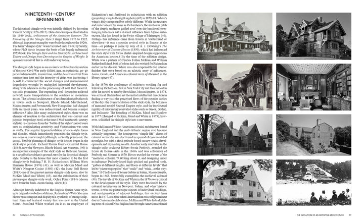 A two-page spread from "Shingle Style Houses" by Schiffer Publishing, Ltd.: left page has text titled Nineteenth-Century Beginnings, right page displays a 3x3 grid of historic Shaker building photos that inspired shingle style architecture.
