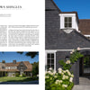 Featured in "Shingle Style Houses" by Schiffer Publishing, Ltd., this home showcases brown wood shingles, white-trimmed windows, vibrant landscaping, and bright blooms, beautifully photographed from various angles beneath a clear blue sky.
