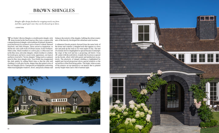 Featured in "Shingle Style Houses" by Schiffer Publishing, Ltd., this home showcases brown wood shingles, white-trimmed windows, vibrant landscaping, and bright blooms, beautifully photographed from various angles beneath a clear blue sky.
