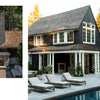 Shingle Style Houses by Schiffer Publishing, Ltd. features classic shingle style architecture with white trim, an outdoor patio, poolside lounge chairs, a landscaped garden, and a stone outdoor fireplace with seating.