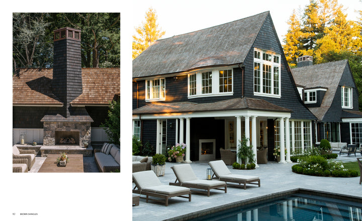 Shingle Style Houses by Schiffer Publishing, Ltd. features classic shingle style architecture with white trim, an outdoor patio, poolside lounge chairs, a landscaped garden, and a stone outdoor fireplace with seating.