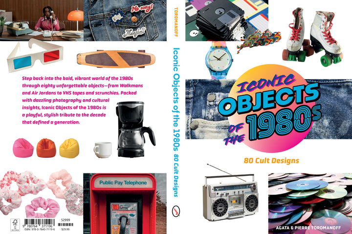 Front and back cover of "Iconic Objects of the 1980s" by Schiffer Publishing, Ltd., featuring cult designs and 1980s icons like roller skates, a jean jacket, cassette tapes, Air Jordans, a boombox, and a Rubik’s Cube.