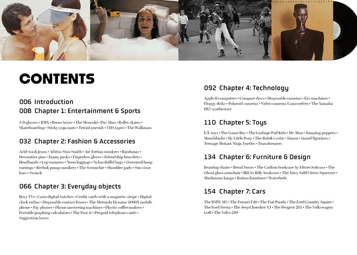 The contents page of "Iconic Objects of the 1980s" by Schiffer Publishing, Ltd. features section titles, descriptions, and page numbers, topped by photos of joyful scenes and a vinyl record partially hidden behind a stylized figure.