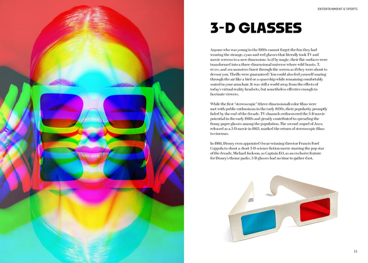 A split-page image: left side shows a person in 3-D glasses with a rainbow glitch effect, evoking '80s design; right side features info about Iconic Objects of the 1980s by Schiffer Publishing, Ltd., plus a photo of these cult glasses.