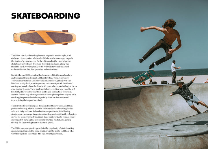 A skateboarder launches into a mid-air trick above a concrete skate park as another rides below, capturing the energy and bold style found in Schiffer Publishing, Ltd.'s "Iconic Objects of the 1980s.
