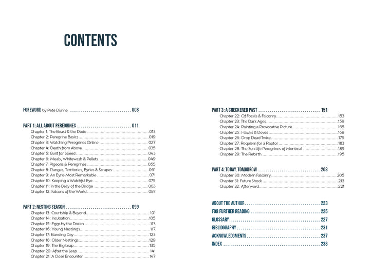 Table of contents for The Peregrine Falcon by Schiffer Publishing, Ltd.: four main parts with chapters and page numbers, plus about the author, further reading, glossary, bibliography, acknowledgements, and index.
