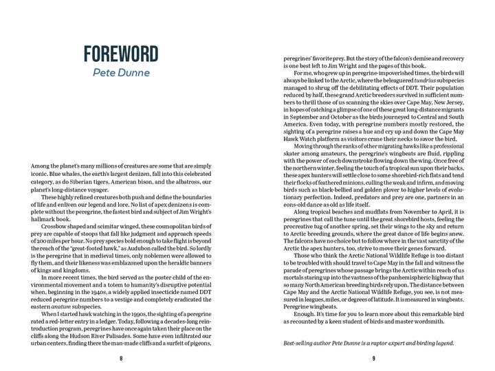 An open copy of "The Peregrine Falcon" by Schiffer Publishing, Ltd. displays the Foreword by Pete Dunne discussing peregrine falcons—their history, decline, and recovery—across two cream-colored pages with black text.