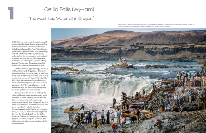 A group enjoys Celilo Falls, showcasing the stunning Oregon Waterfalls—a must-see for photography fans and Oregon explorers. Discover more with Schiffer Publishing, Ltd.'s "Oregon Waterfalls.