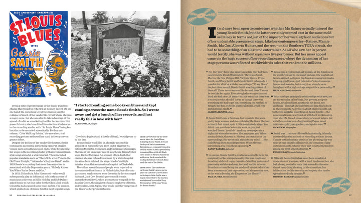 A magazine spread showcases a vibrant illustrated poster of Bessie Smith and her flower-covered grave, with text on her life and blues legacy, from The Story of the Blues in 50 Songs by Schiffer Publishing, Ltd.
