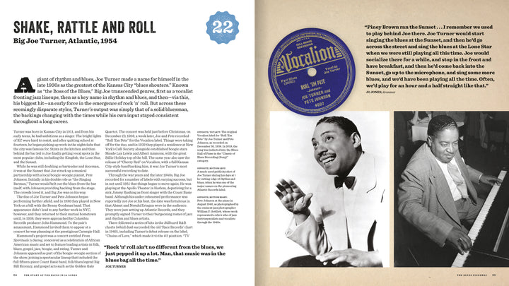 Two pages from "The Story of the Blues in 50 Songs" by Schiffer Publishing, Ltd. feature Big Joe Turner’s 1954 “Shake, Rattle and Roll,” with blues history text, a record label image, and photos of Turner at piano and a suited pianist.