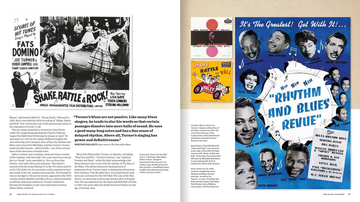 A magazine spread showcases The Story of the Blues in 50 Songs by Schiffer Publishing, Ltd., featuring vintage posters, album covers, and photos that trace the evolution of blues music. Stylized text highlights “Shake, Rattle & Rock!”.