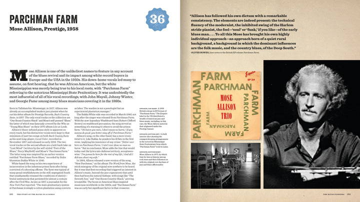 A two-page spread in *The Story of the Blues in 50 Songs* by Schiffer Publishing, Ltd. features Parchman Farm: text covers milestone blues recordings, while the facing page has Mose Allison’s portrait, album covers, and a notable quote.